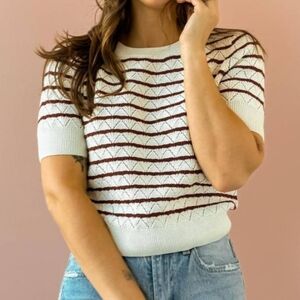 NWT- Steve Madden Women's Norris Striped Pointelle Short-Sleeve Sweater, (Large)